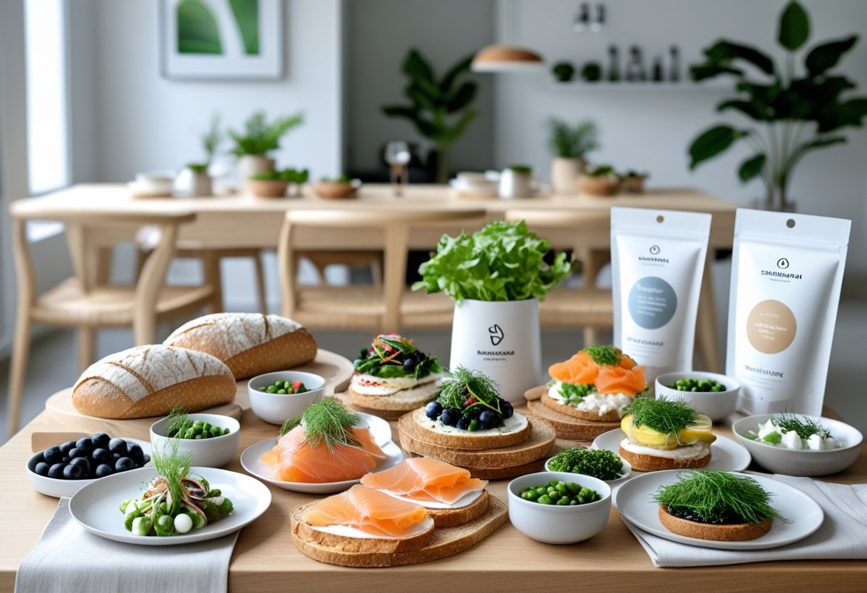 A table with traditional and modern Scandinavian foods including smoked salmon, rye bread, pickled vegetables, and open-faced sandwiches, set in a bright room with minimalist furniture and plants.
