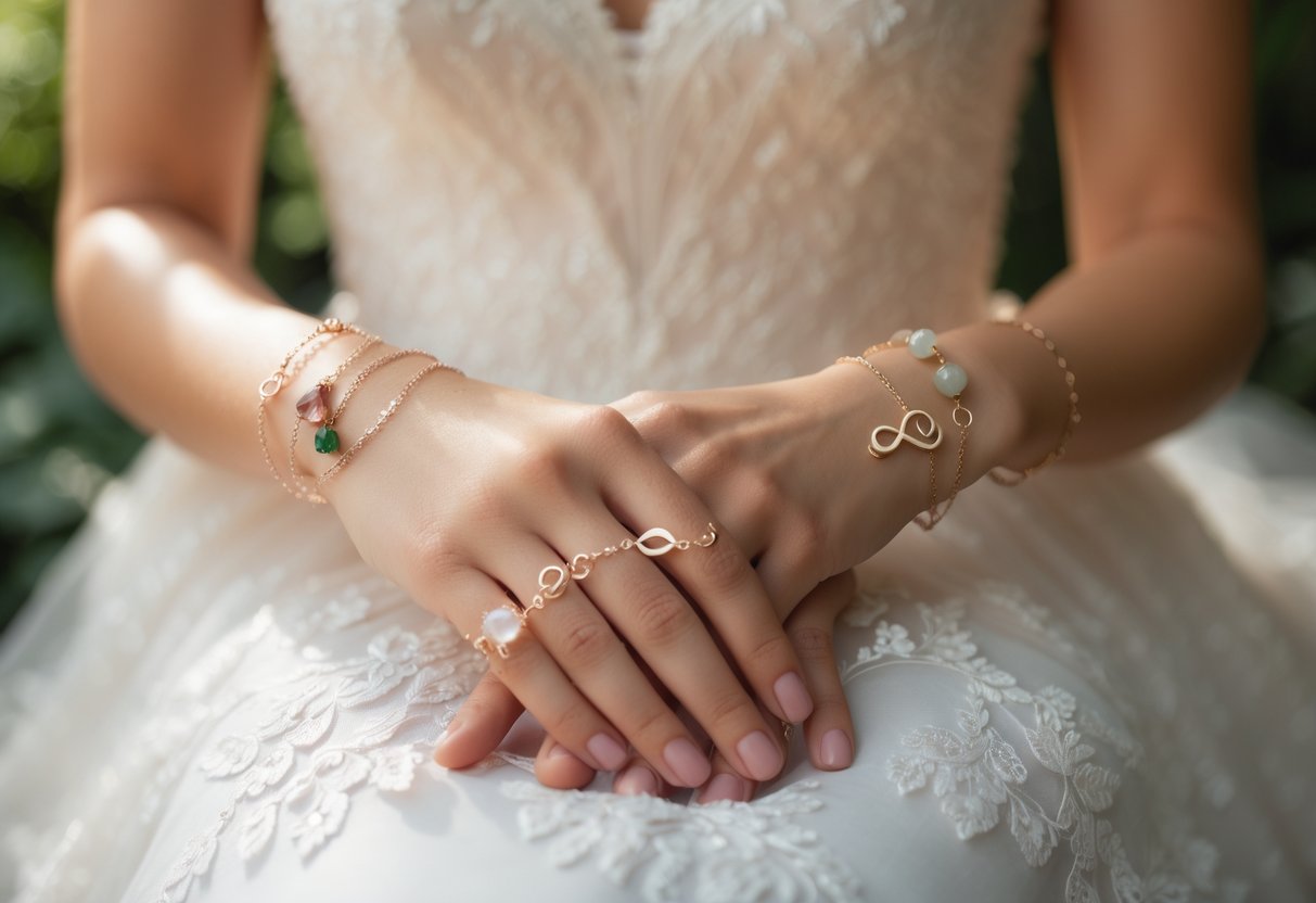 Close-up of a bride’s hands wearing elegant bracelets over a white wedding dress, with a soft blurred natural background.
