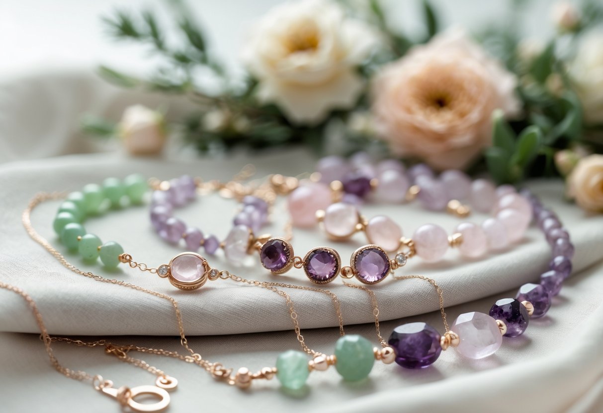 Close-up of delicate healing gemstone jewelry arranged on soft fabric with flowers and greenery in the background.