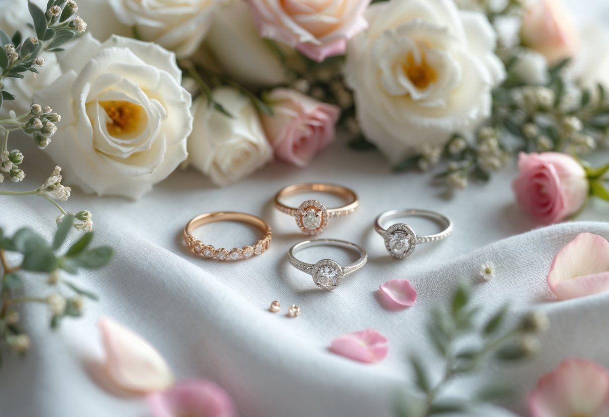 Close-up of wedding rings and jewelry arranged with flowers and greenery on soft fabric.