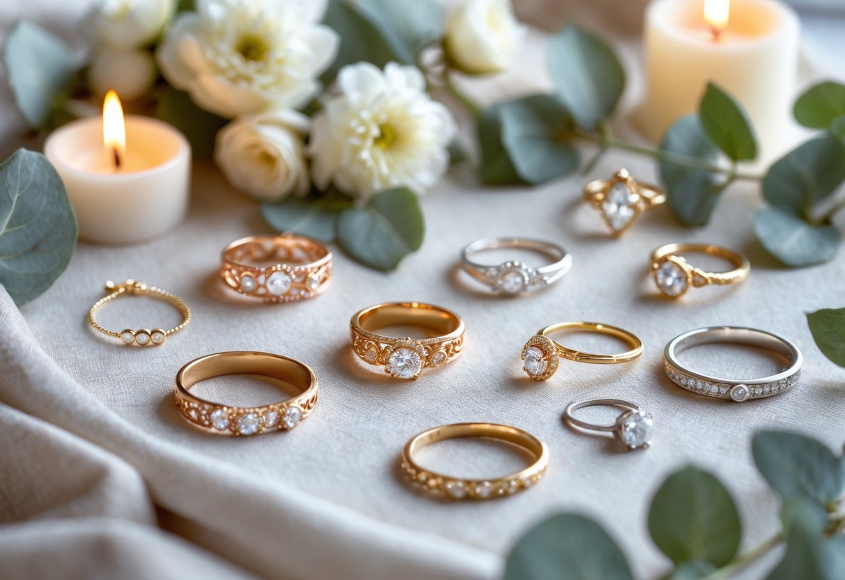 An arrangement of elegant gold and silver jewelry with gemstones displayed on soft fabric, surrounded by white flowers and greenery.