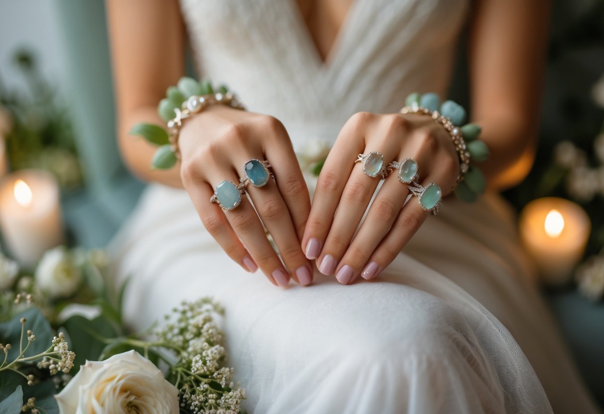 Close-up of a bride's hands holding natural gemstone wedding jewelry surrounded by flowers and greenery.