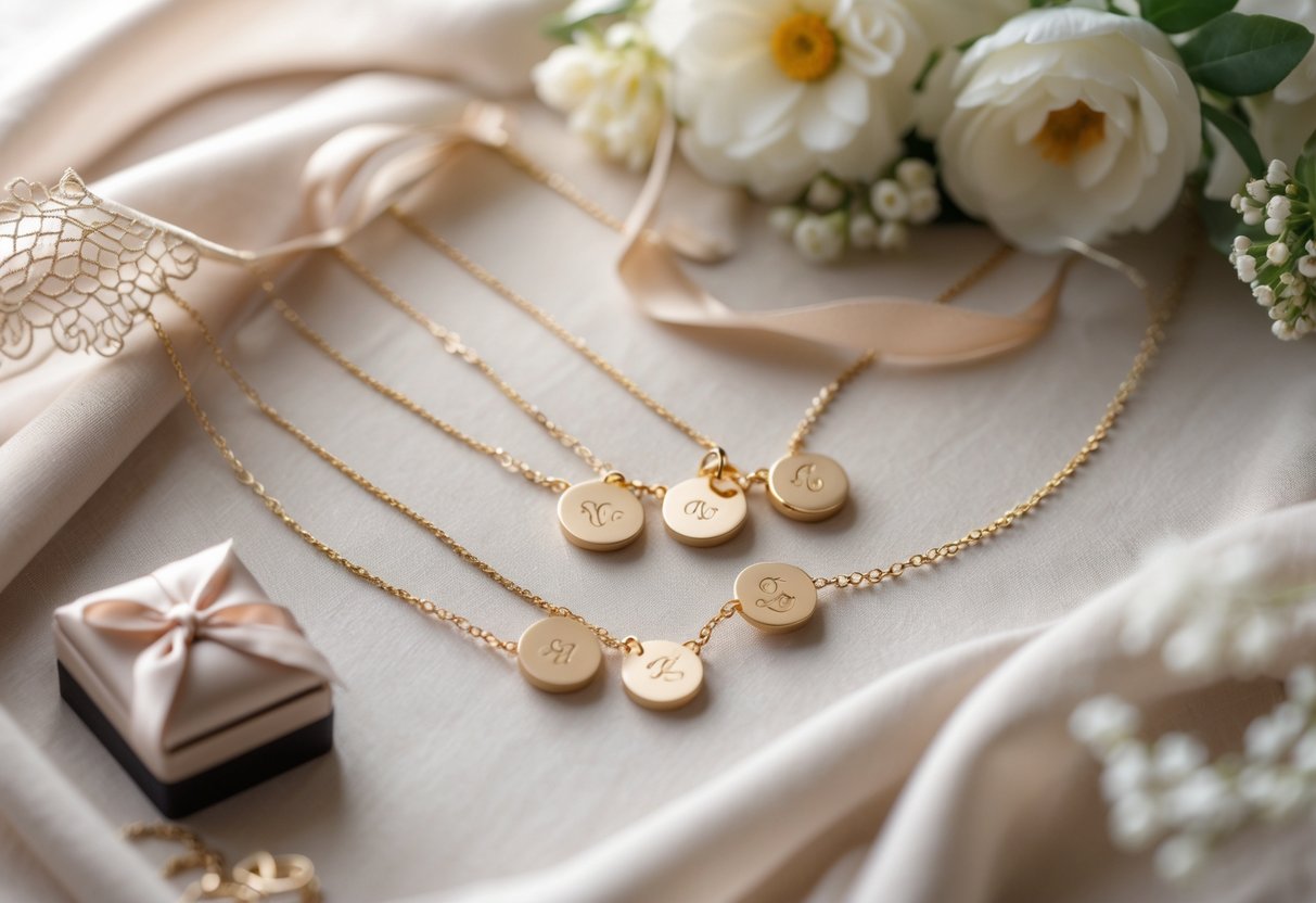 A close-up of personalized jewelry pieces displayed with soft flowers and wedding decorations on a neutral fabric background.