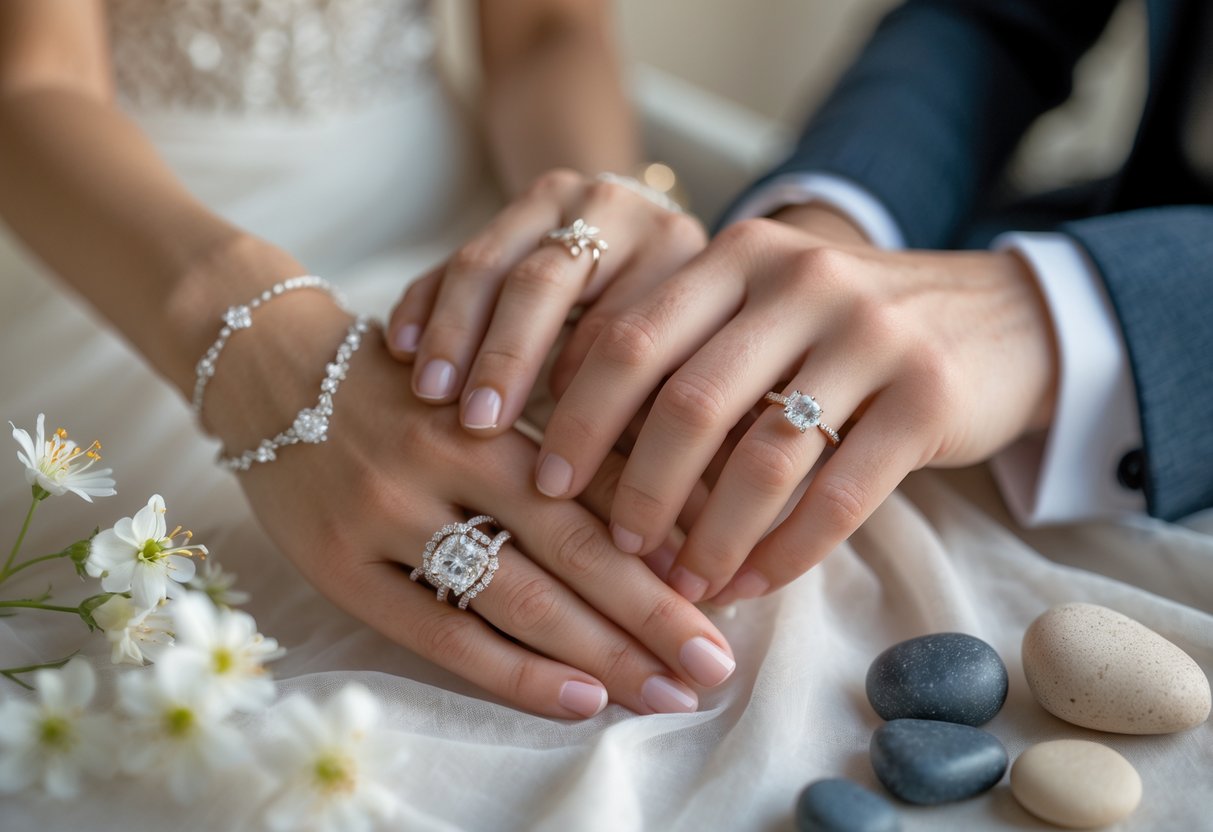 Close-up of a bride and groom holding hands, showing their wedding rings and bracelet surrounded by soft flowers and stones.