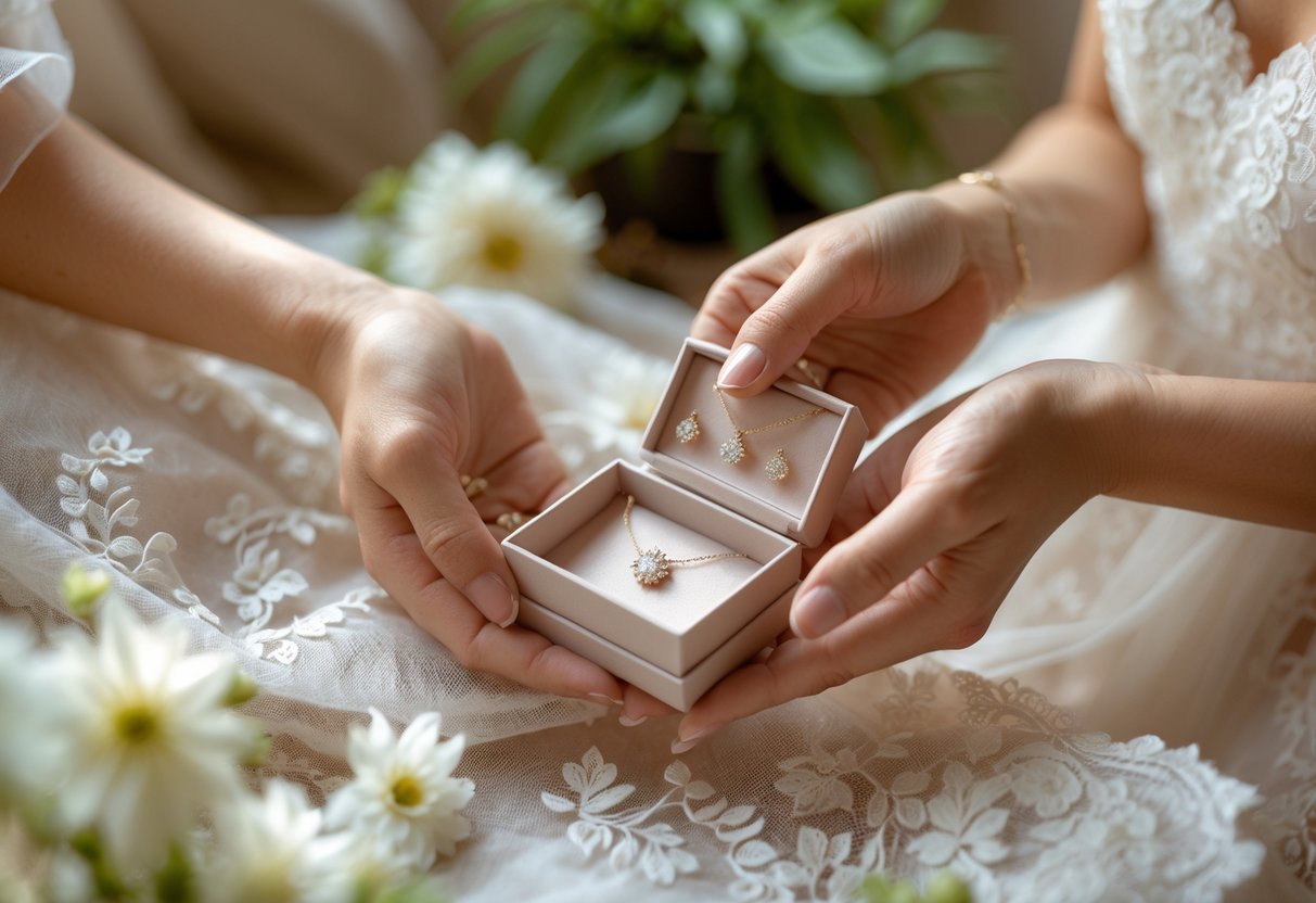 Two people sharing a tender moment as one gives a jewelry box with a necklace and earrings to the other, surrounded by flowers and soft fabrics.