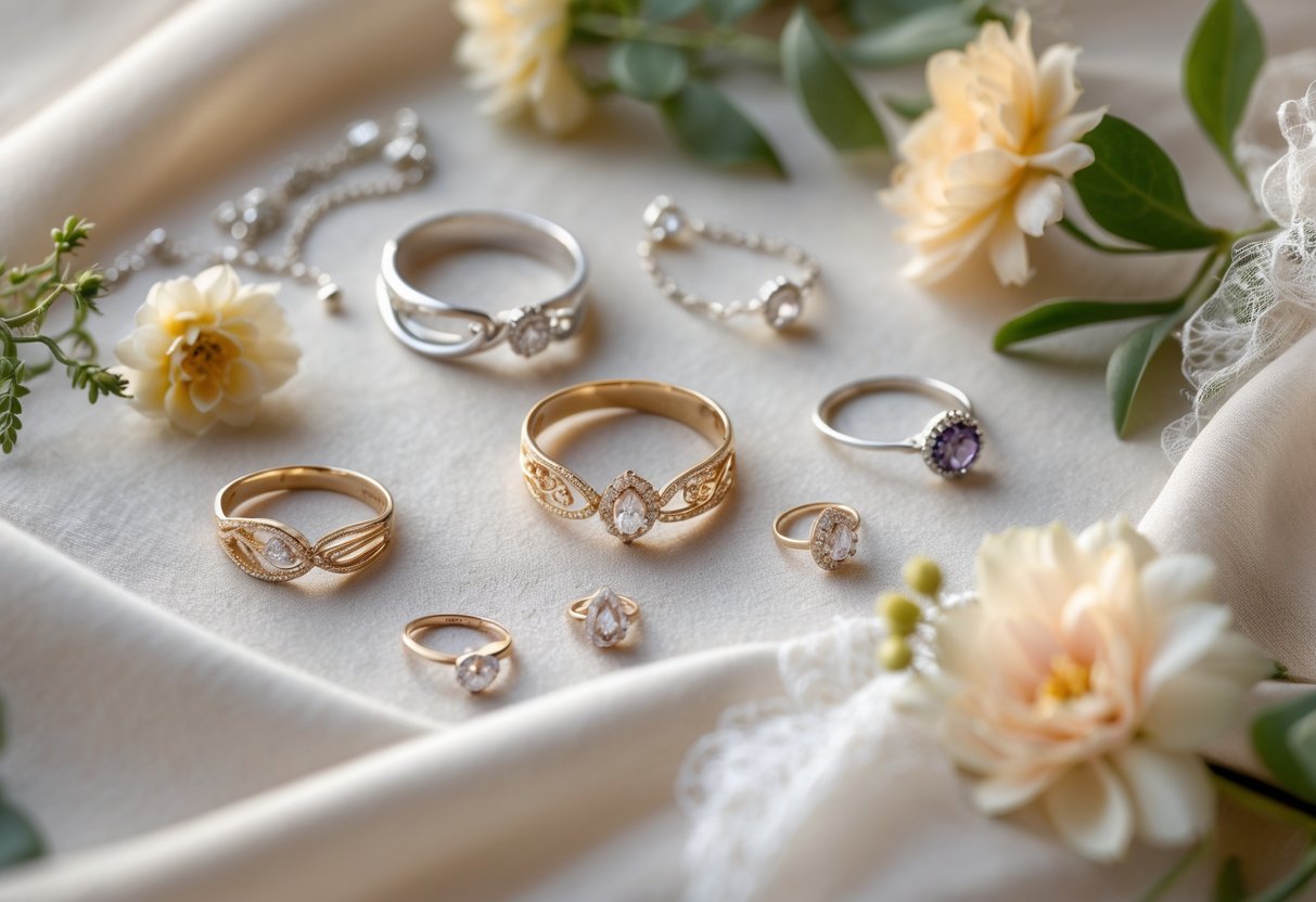 Close-up of delicate handcrafted jewelry pieces arranged with flowers and soft fabric, symbolizing wellness and weddings.