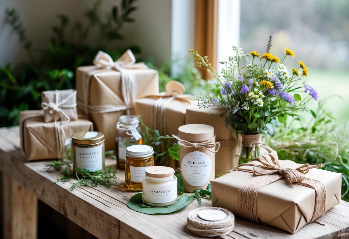 A table with alcohol-free wedding gifts including herbal teas, candles, organic chocolates, eco-friendly wrapped boxes, and a bouquet of fresh wildflowers.