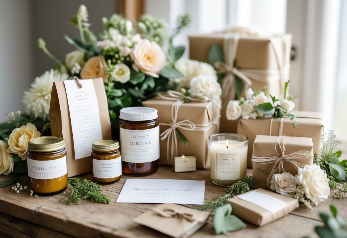 A table with beautifully arranged alcohol-free wedding gifts including herbal teas, non-alcoholic sparkling drinks, candles, and flowers.