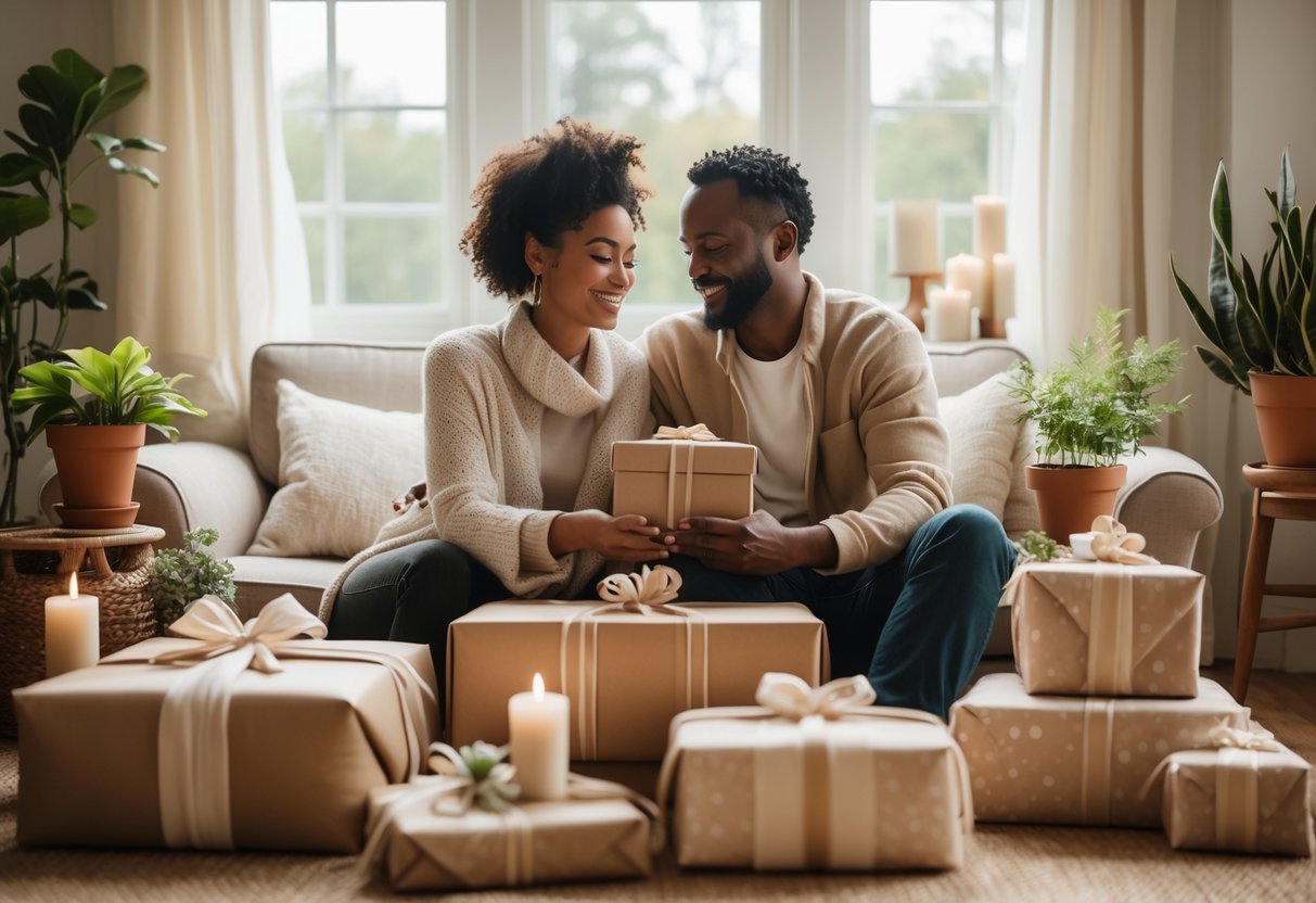 A couple in a sunlit room choosing meaningful, alcohol-free wedding gifts surrounded by plants and natural decor.