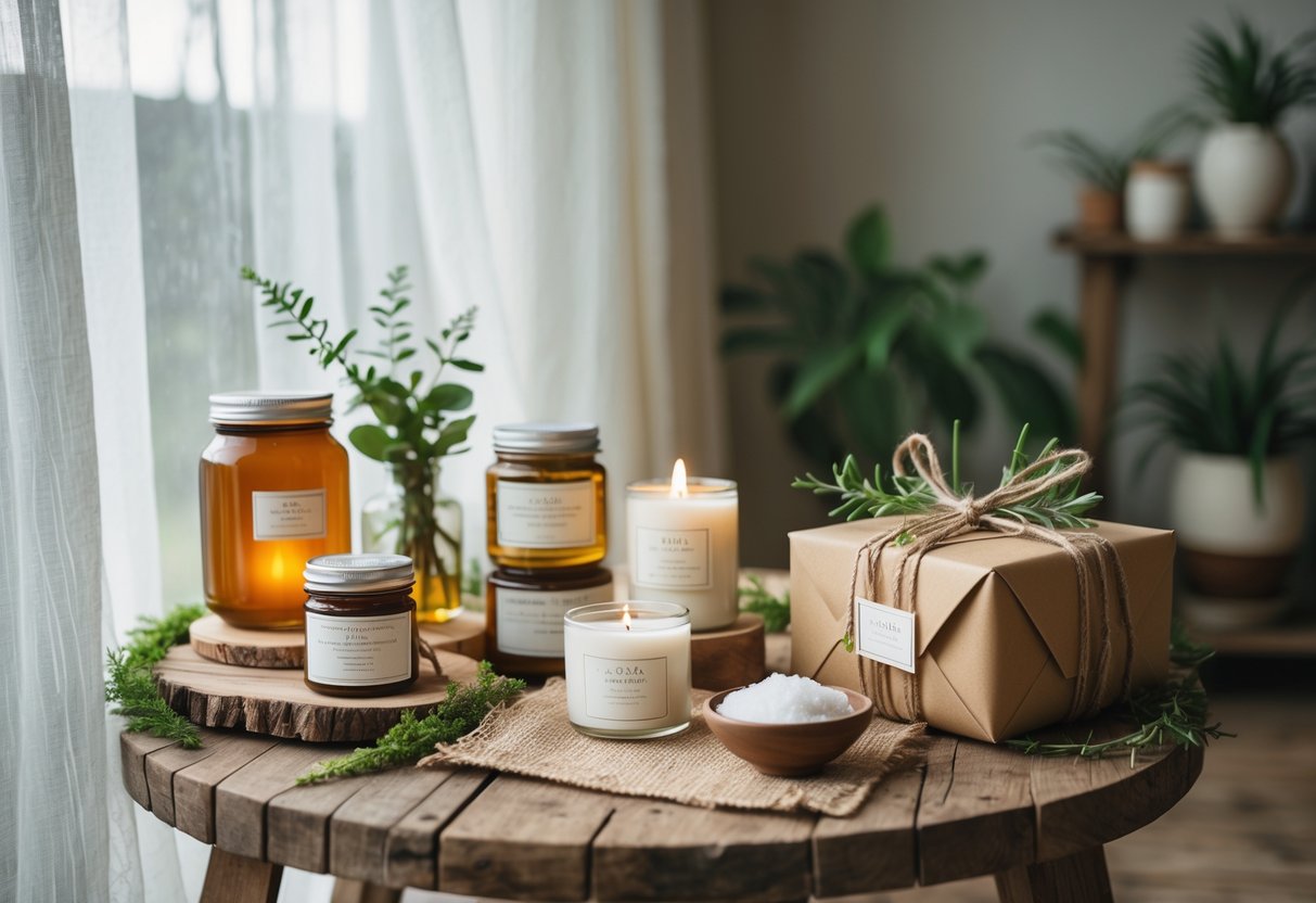A peaceful arrangement of alcohol-free wedding gifts including herbal teas, candles, and bath salts on a wooden table with soft natural light and plants in the background.