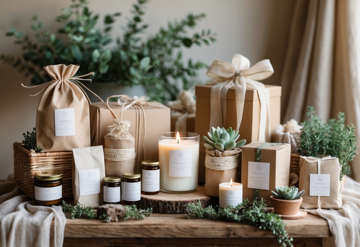 A collection of handcrafted wedding gifts including candles, herbal teas, bath products, and potted plants arranged on a wooden table.