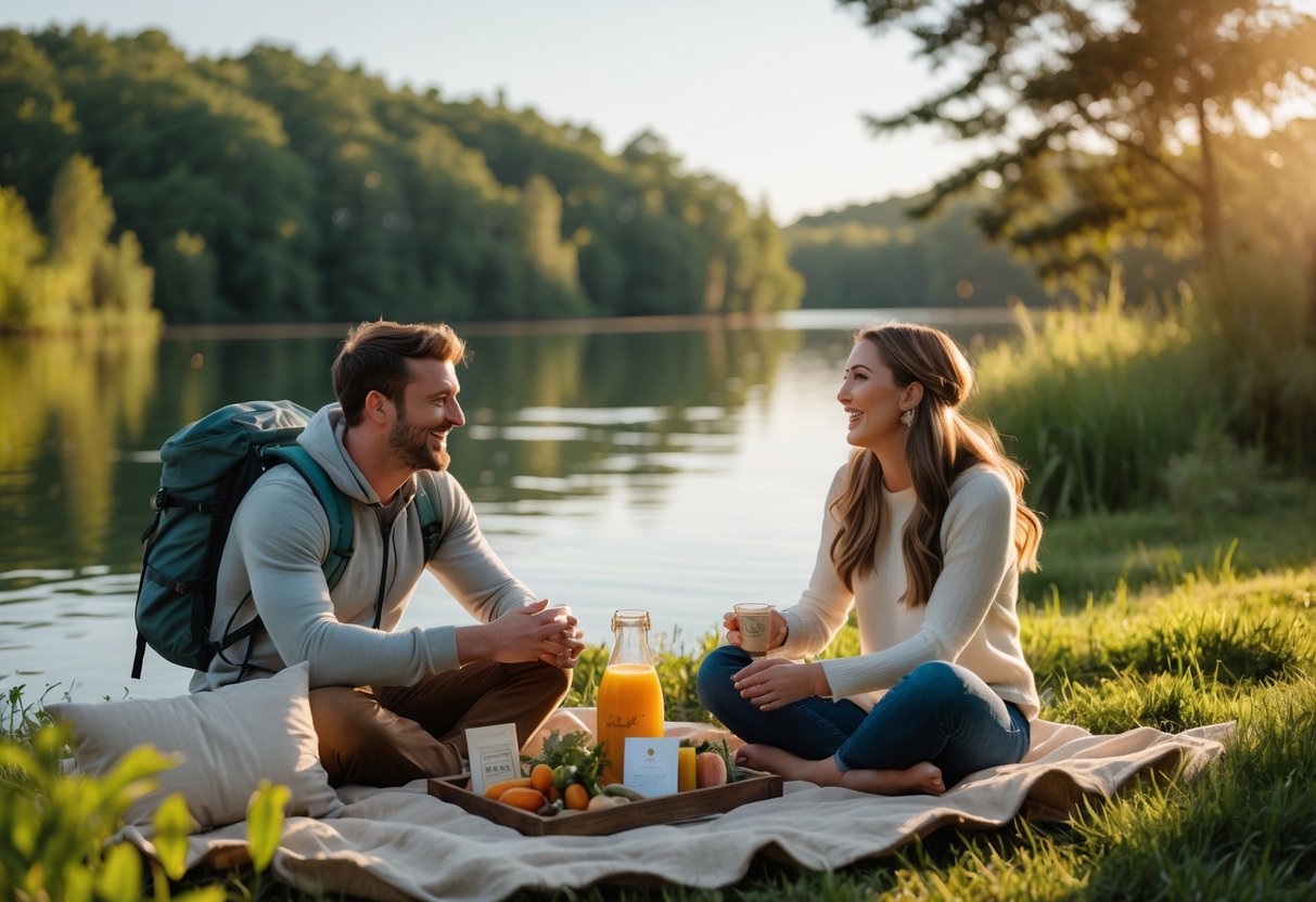 A couple enjoying an outdoor adventure together with a picnic featuring non-alcoholic drinks and thoughtful gifts nearby.