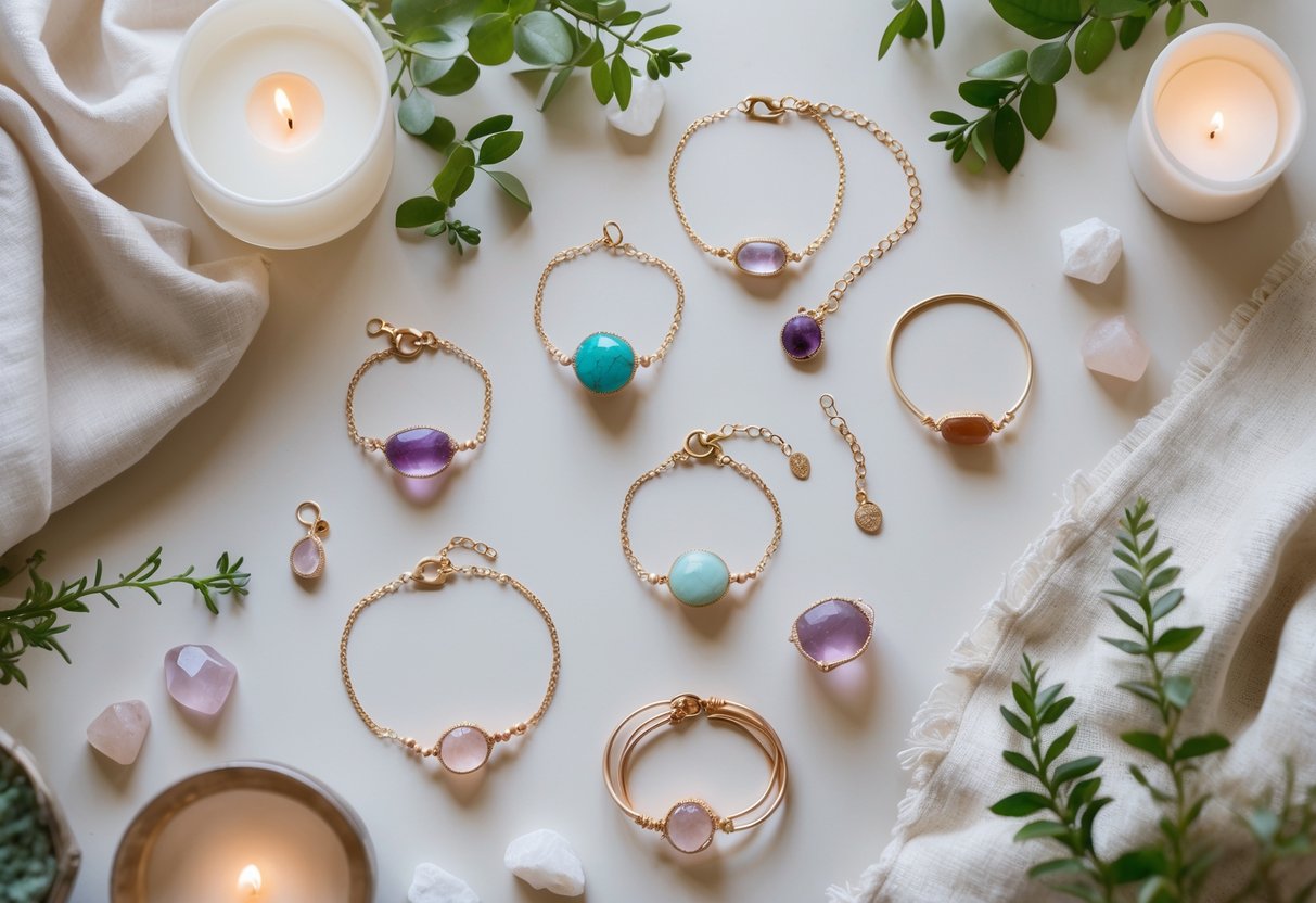 Flat lay of bridesmaids jewelry gifts with healing gemstones, greenery, and candles on soft fabrics.