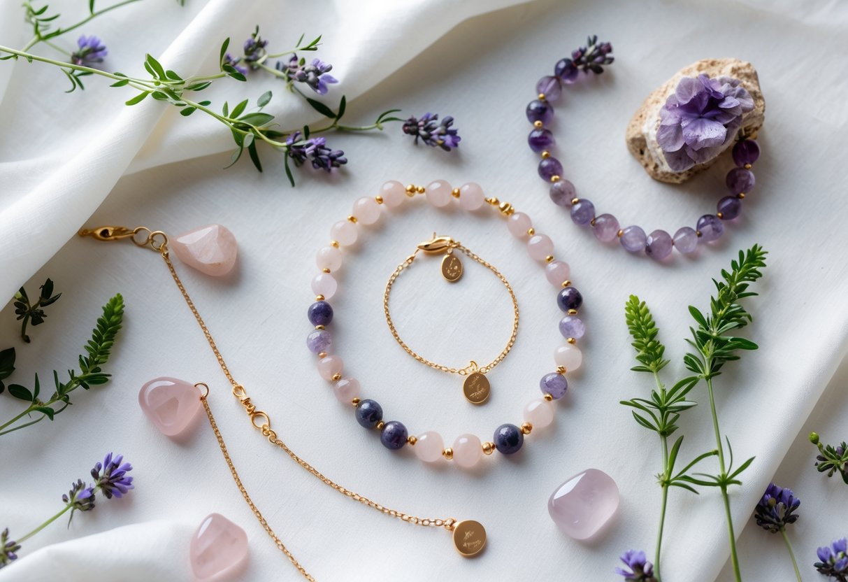 Flat lay of delicate healing stone jewelry and flowers arranged as bridesmaids gifts on a white linen background.