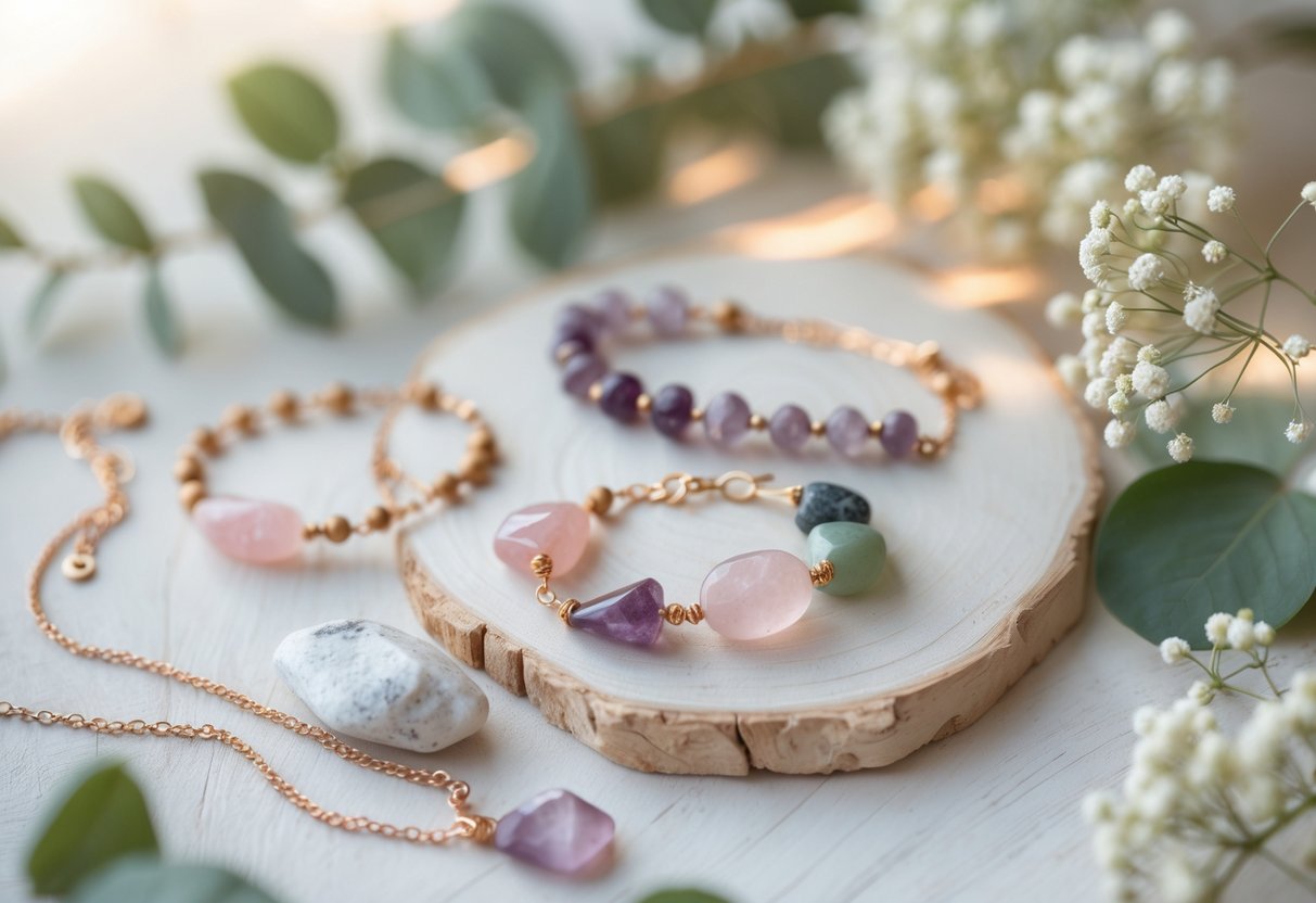 An arrangement of healing stone bracelets and necklaces displayed with flowers and greenery on a wooden surface.