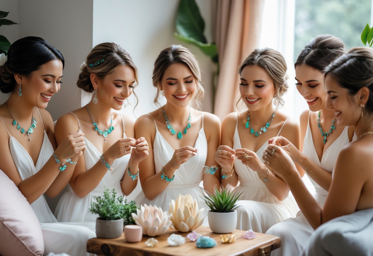 A group of bridesmaids sitting together, smiling and trying on delicate jewelry with healing symbols in a cozy, well-lit room.