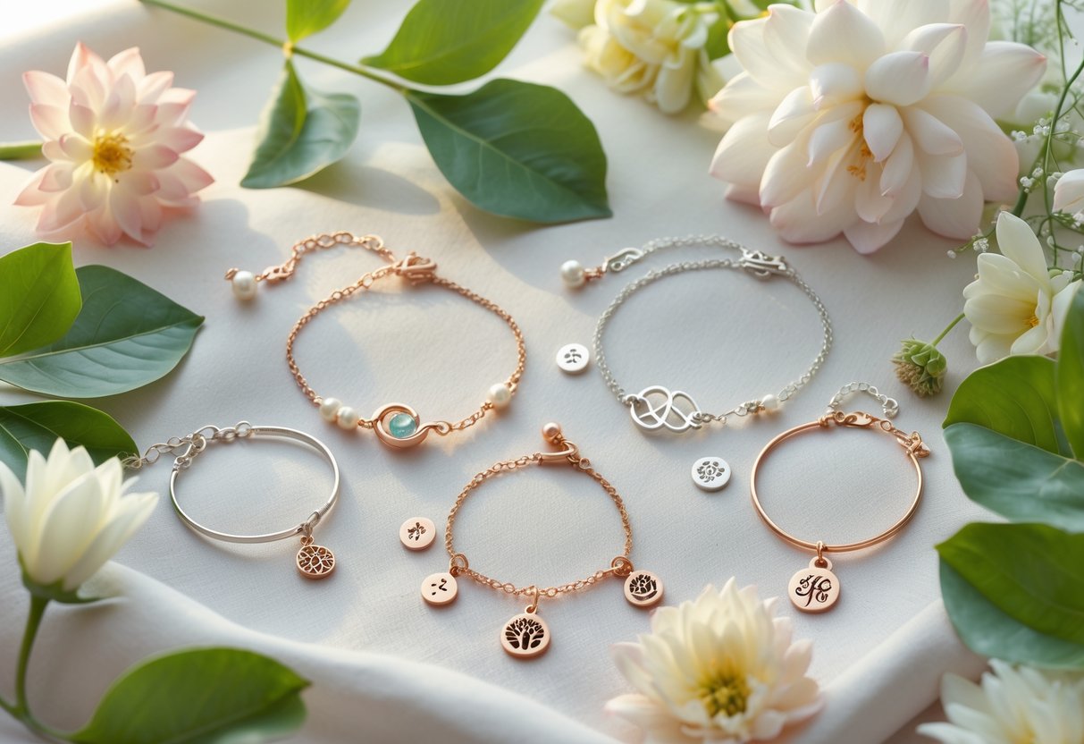 An arrangement of delicate bracelets, necklaces, and rings with healing symbols displayed on soft fabric with green leaves and pastel flowers.