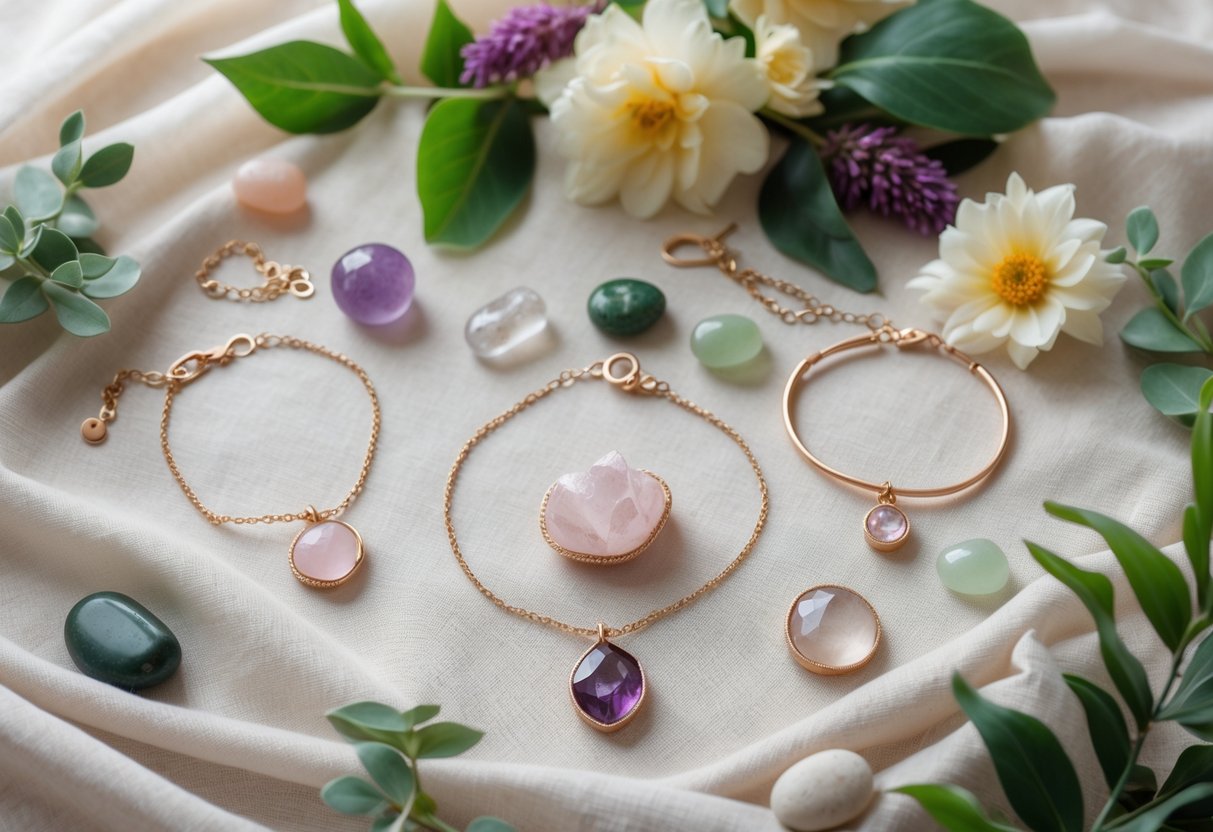 A collection of delicate gemstone jewelry pieces arranged on soft fabric with flowers and leaves around them.