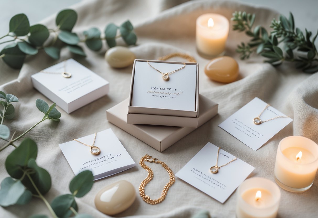 A collection of elegant jewelry pieces arranged with greenery and smooth stones on soft fabric, creating a calm and inviting gift display.