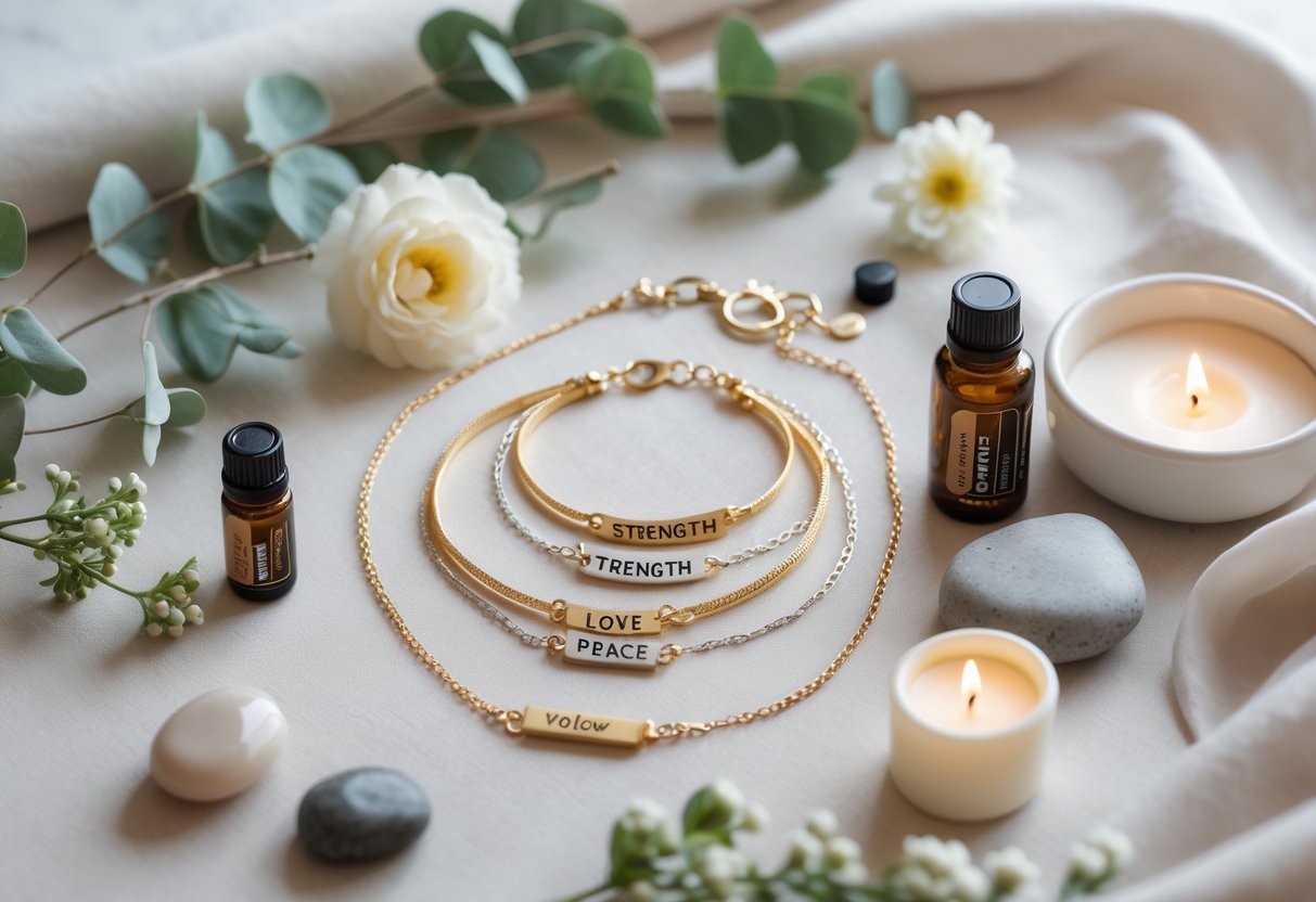 A flat lay of delicate bracelets and necklaces with healing messages surrounded by flowers, eucalyptus, polished stones, essential oils, and a lit candle on a soft fabric background.