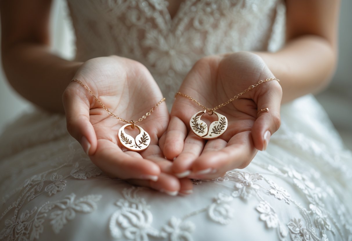 Close-up of a bride's hands holding delicate jewelry with peace symbols, resting on a white lace wedding dress.