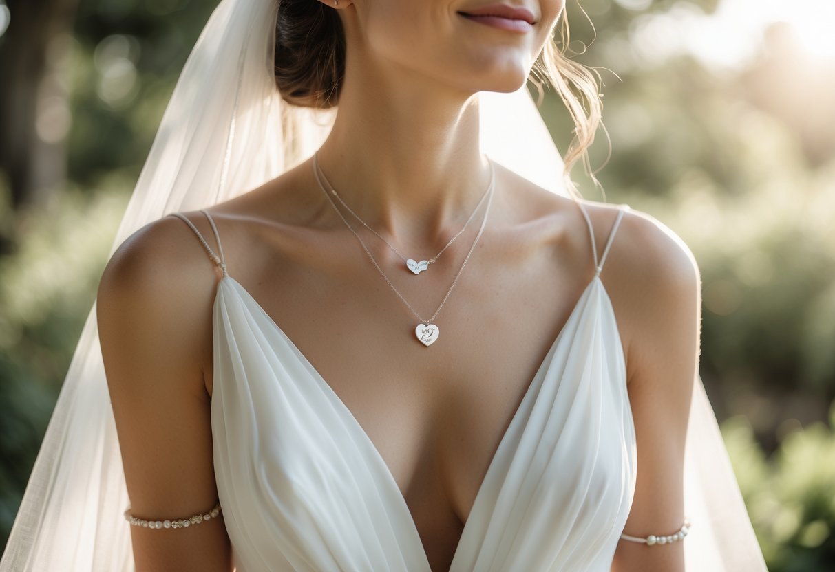 A peaceful bride wearing delicate affirmation jewelry and a white wedding dress, standing outdoors surrounded by soft greenery and sunlight.