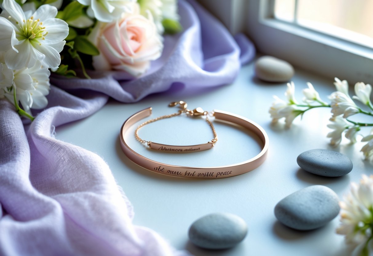 A close-up of delicate affirmation jewelry displayed on soft fabrics surrounded by flowers and stones, evoking a peaceful and calm atmosphere.