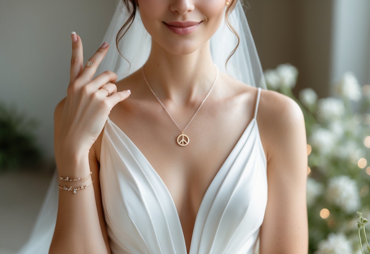 A calm bride wearing peaceful affirmation jewelry including a necklace, bracelet, and ring, standing in a softly lit natural setting.