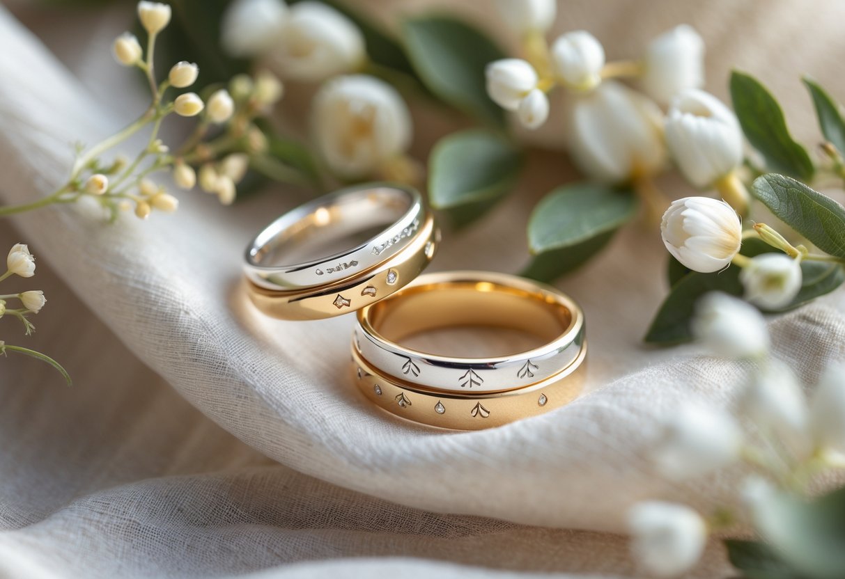 Close-up of elegant silver and gold rings arranged on soft fabric with white flowers and green leaves around them.