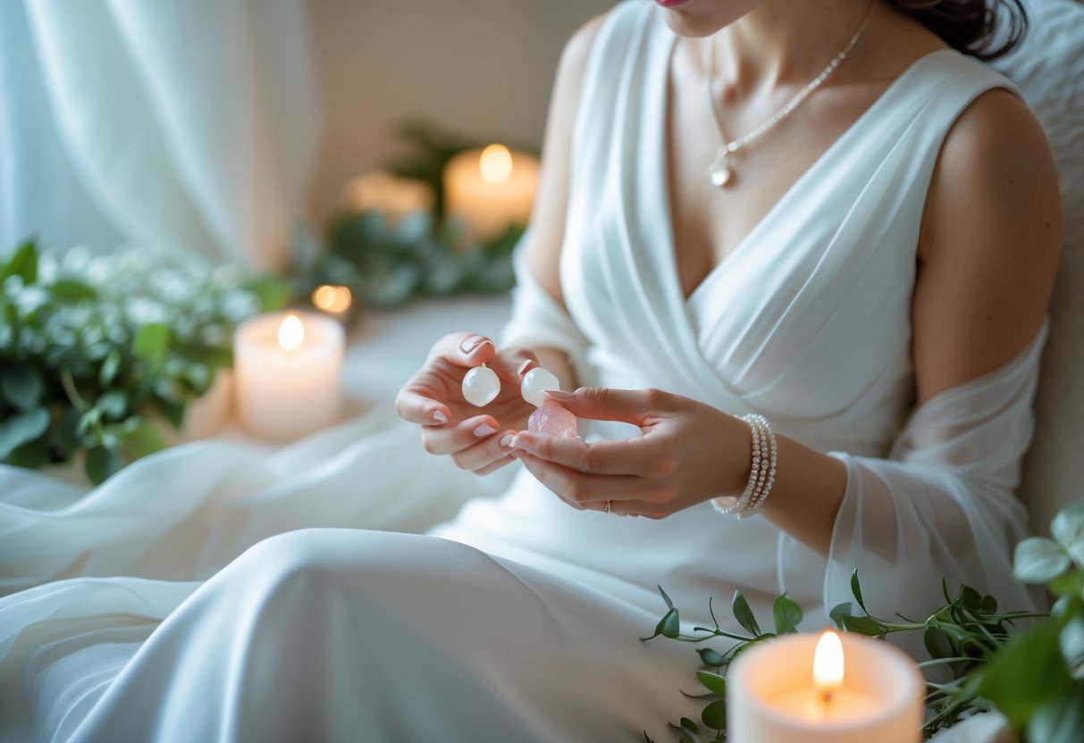 A bride gently holding natural affirmation jewelry while sitting peacefully in a softly lit room surrounded by calming elements.