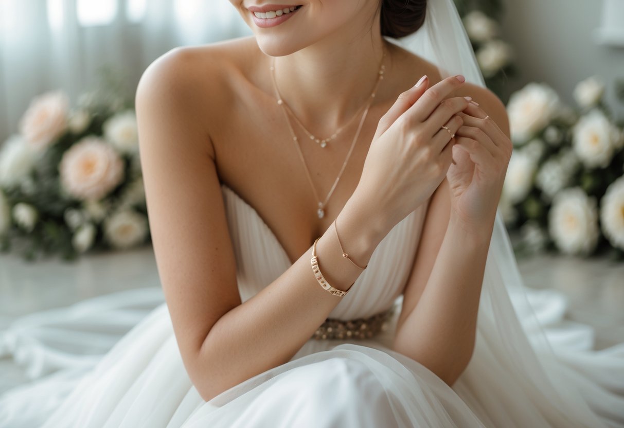 A bride in a white wedding dress wearing delicate affirmation jewelry, sitting peacefully with a gentle smile in a softly lit room.