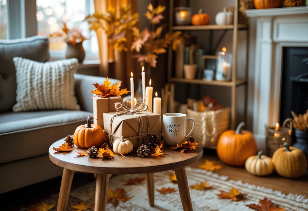 A cozy first apartment decorated with autumn-themed birthday gifts and fall decorations on a wooden table near a window.