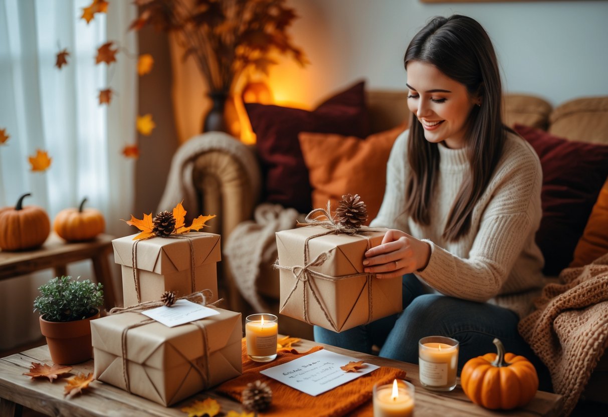 A young woman unwraps a birthday gift in a cozy first apartment decorated with pumpkins, fall leaves, candles, and warm autumn colors.