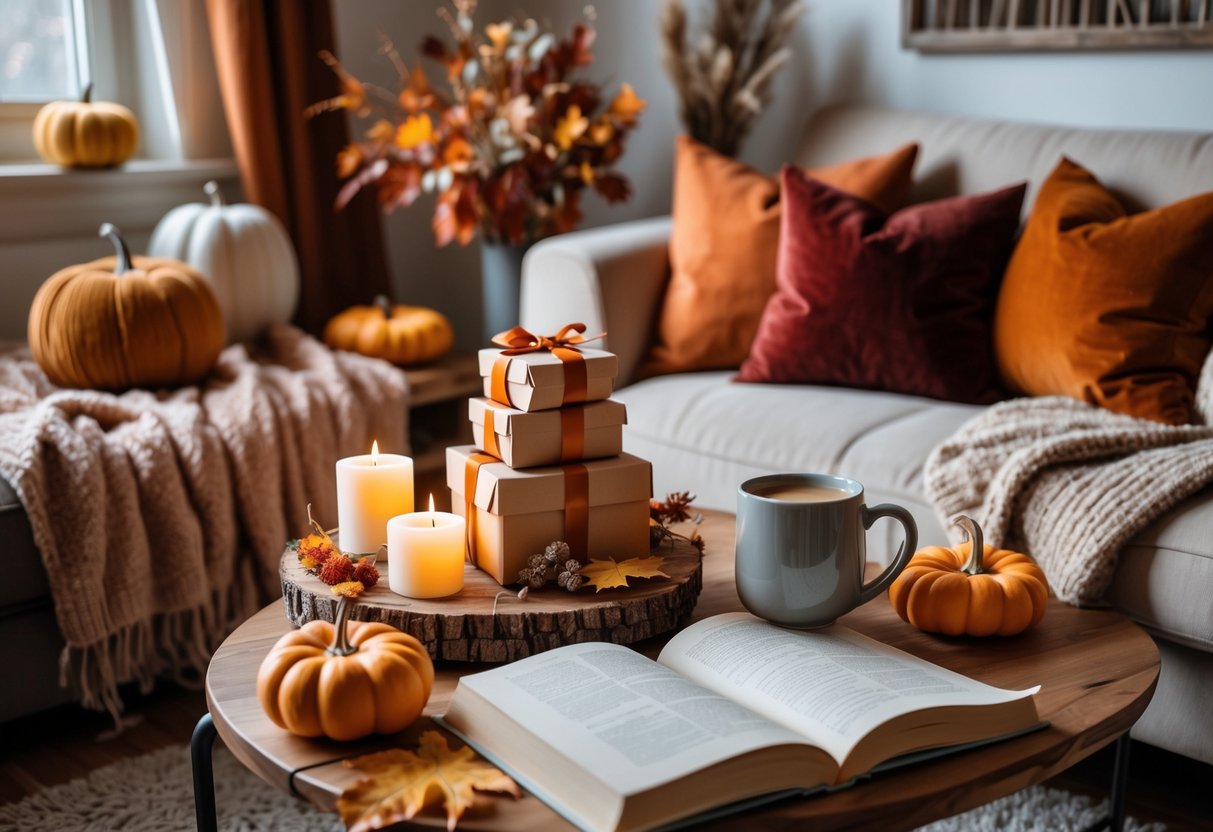 A cozy living room decorated with fall-themed pillows, blankets, candles, pumpkins, wrapped birthday gifts, and a steaming mug on a coffee table.