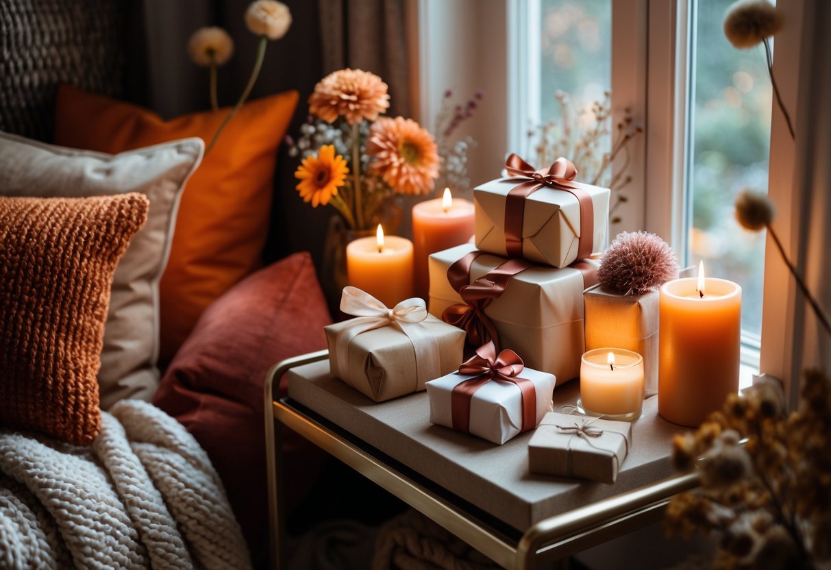 A cozy corner with lit candles, scented decorations, autumn colors, and wrapped birthday gifts arranged on a table in a welcoming home setting.