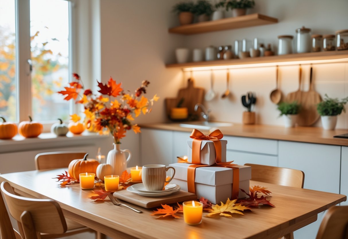 A cozy kitchen and dining area decorated with fall-themed items and kitchen gifts on a wooden table near a window.