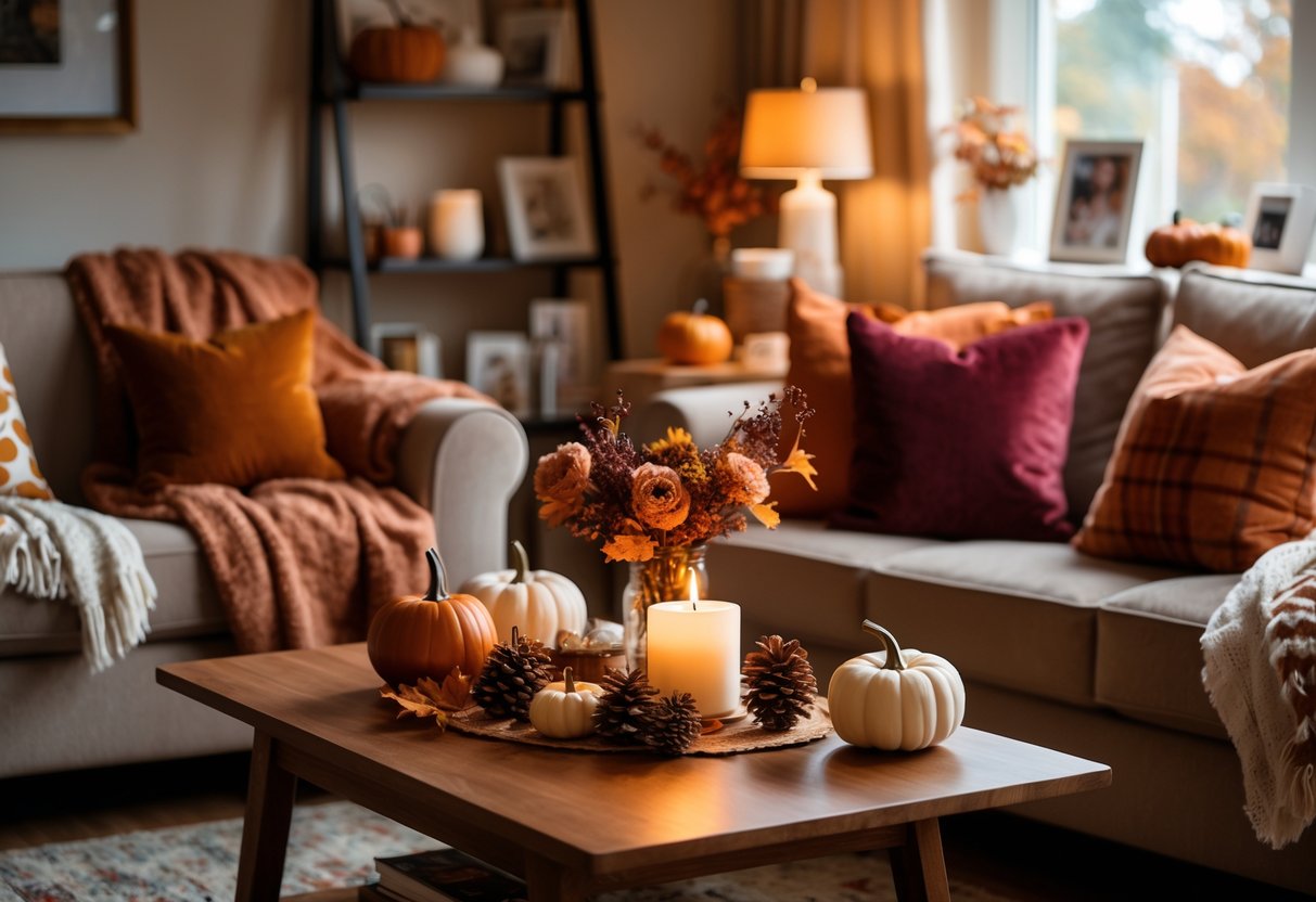A cozy living room decorated with fall colors, featuring a sofa with throw blankets and cushions, a coffee table with autumn decorations, and birthday gift items on a shelf.