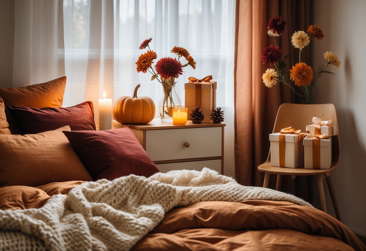 A cozy bedroom with a neatly made bed, warm autumn colors, fall-themed decorations, birthday gift boxes, and soft natural light.