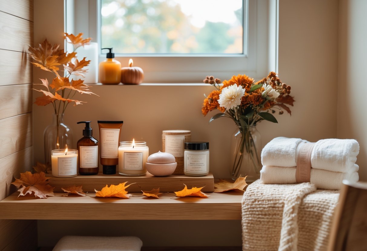 A bathroom shelf with bath products, candles, flowers, and autumn leaves arranged as a cozy self-care gift setup.