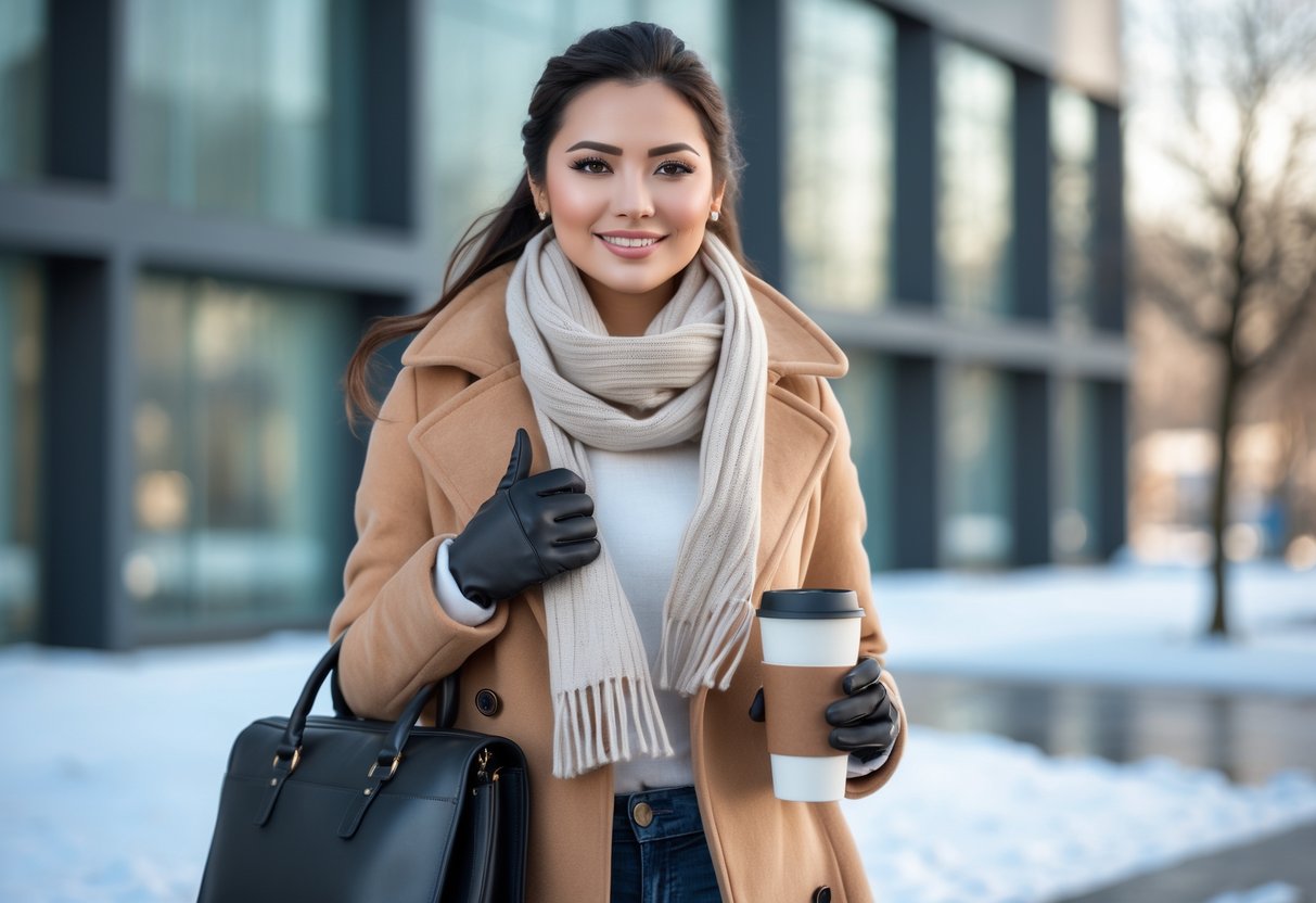 Young woman dressed in winter business clothes standing outside an office building on a snowy day, holding a laptop bag and coffee cup.