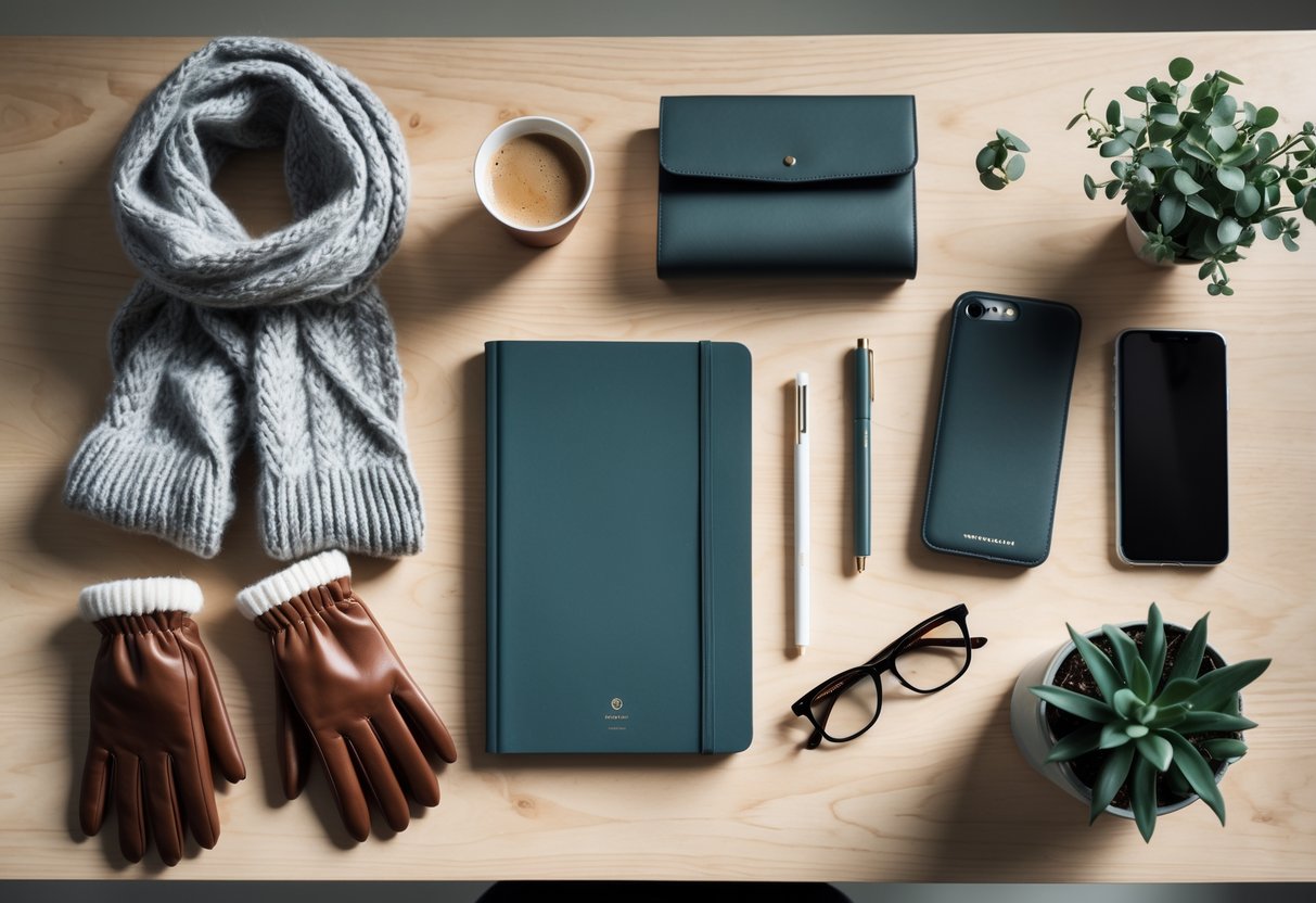 Flat lay of winter accessories and work essentials arranged on a wooden desk, including a scarf, gloves, planner, smartphone, coffee cup, eyeglasses, and a small plant.