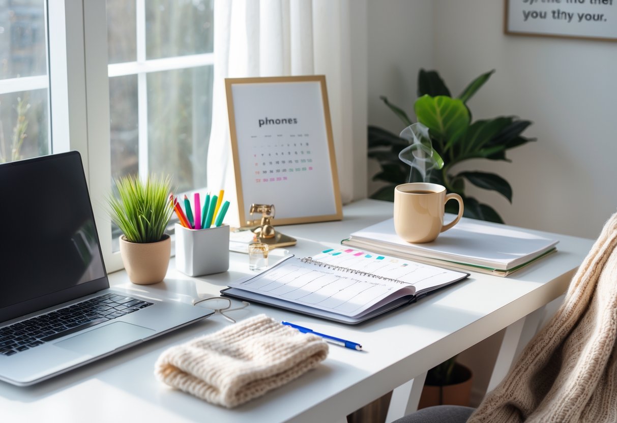 A neatly organized desk with a laptop, planner, pens, mug of hot beverage, small plant, and winter accessories like a knitted scarf, set in a bright home office.