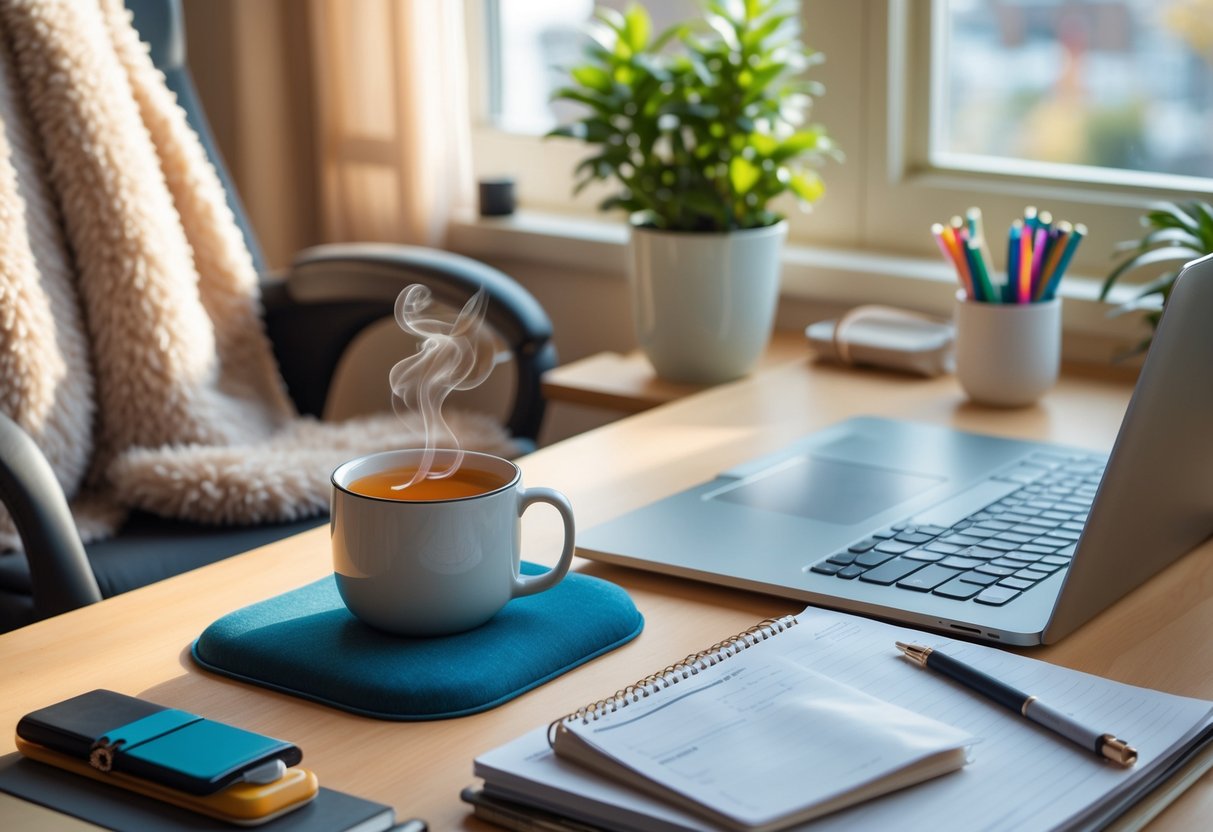 A cozy office desk with a laptop, wrist rest, plush blanket on a chair, mug of tea, headphones, planner, and a small plant, illuminated by natural light.