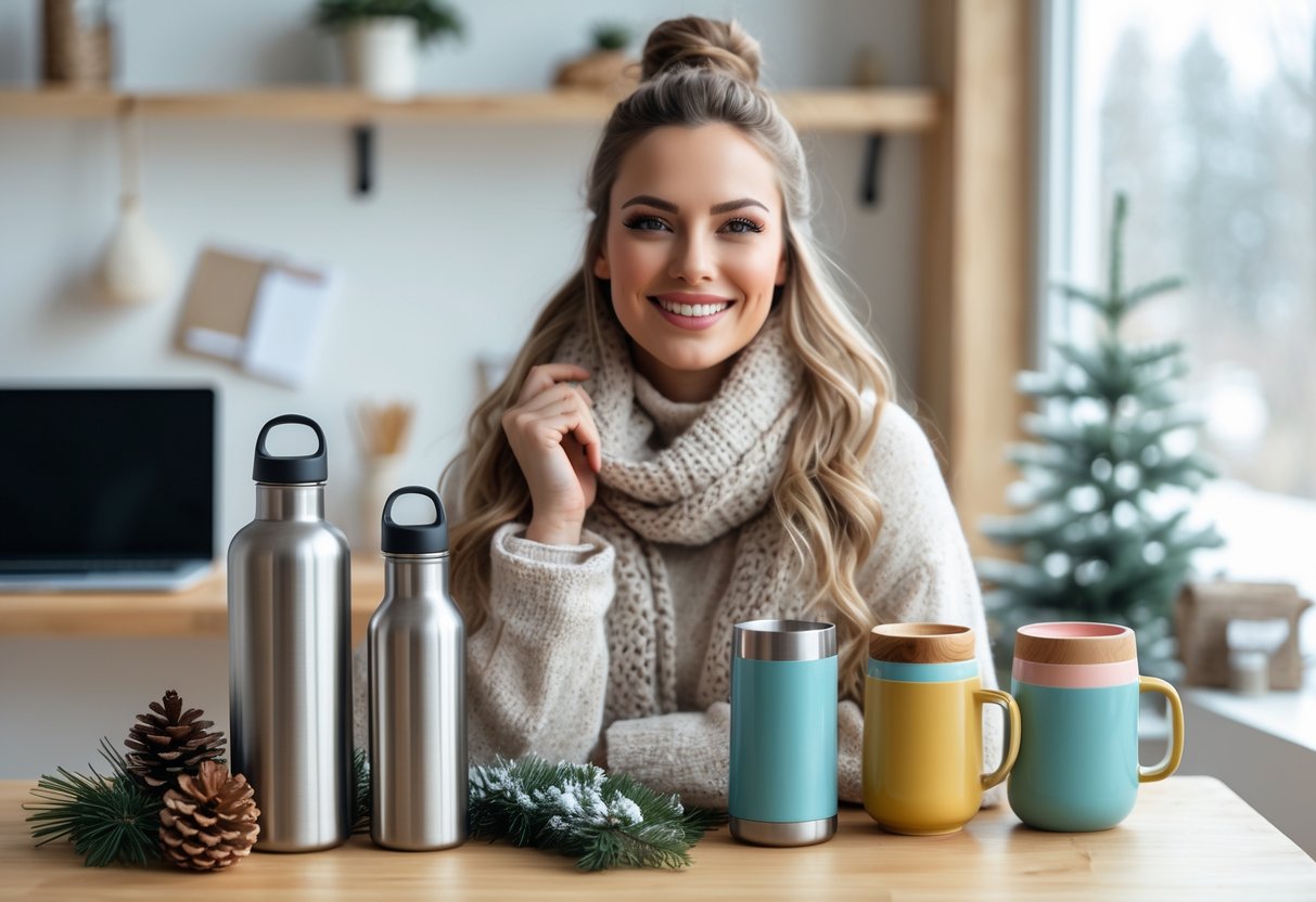 A young woman in winter clothing holding an insulated water bottle at a table with various drinkware and winter decorations in a home office setting.