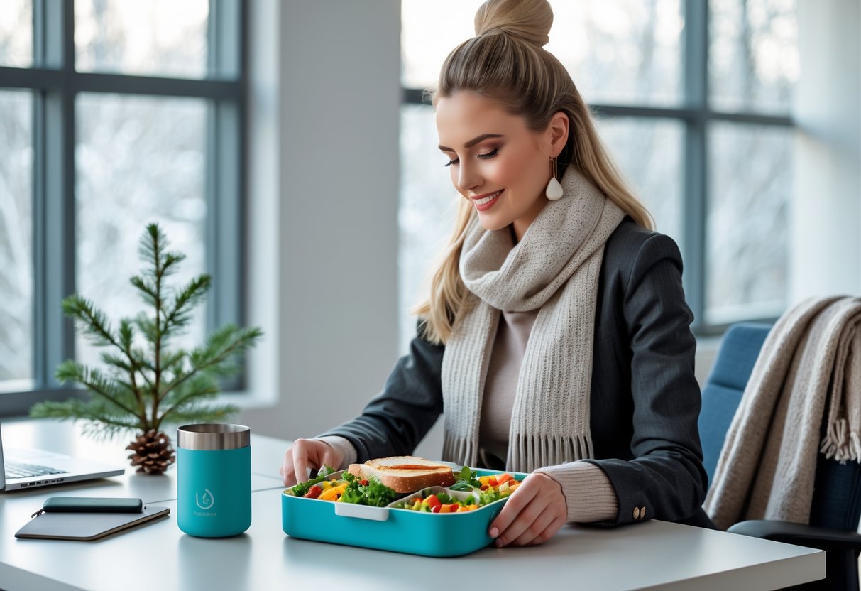 A young woman in winter clothes sitting at a table with a packed lunch in a cozy office break room decorated for winter.