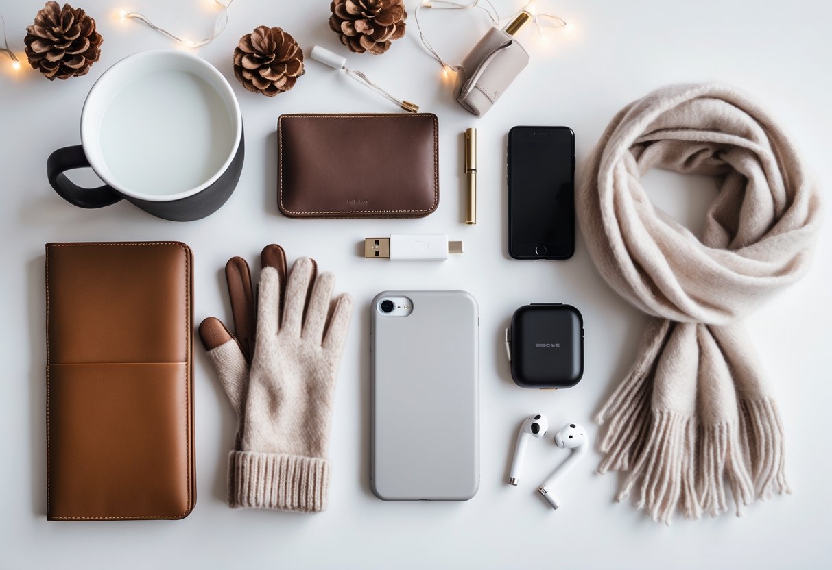 Flat lay of winter essentials including a travel mug, planner, gloves, portable charger, scarf, water bottle, and earbuds arranged on a desk with winter decor.