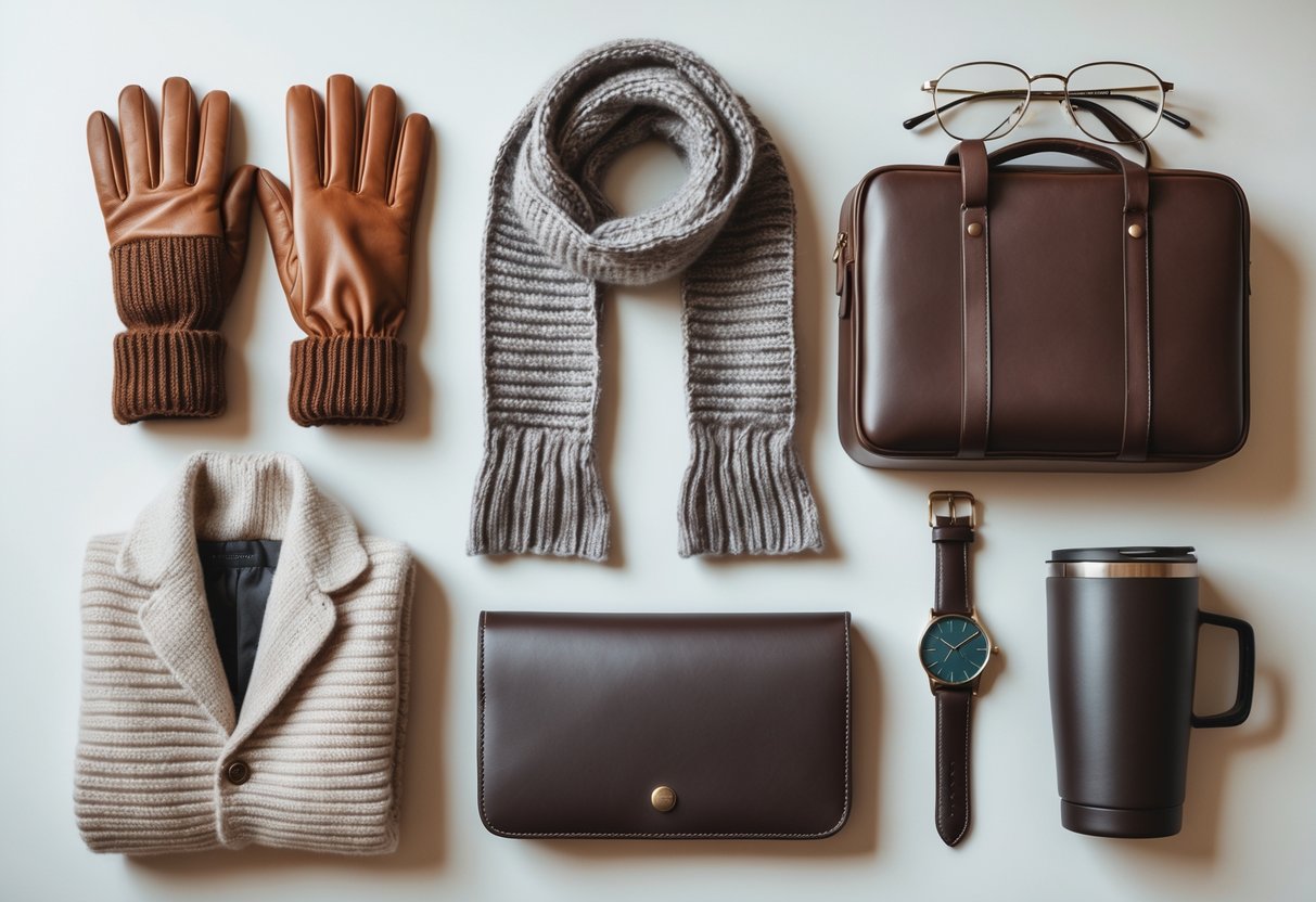 Flat lay of winter workwear accessories including gloves, scarf, briefcase, travel mug, eyeglasses, and wristwatch on a light surface.