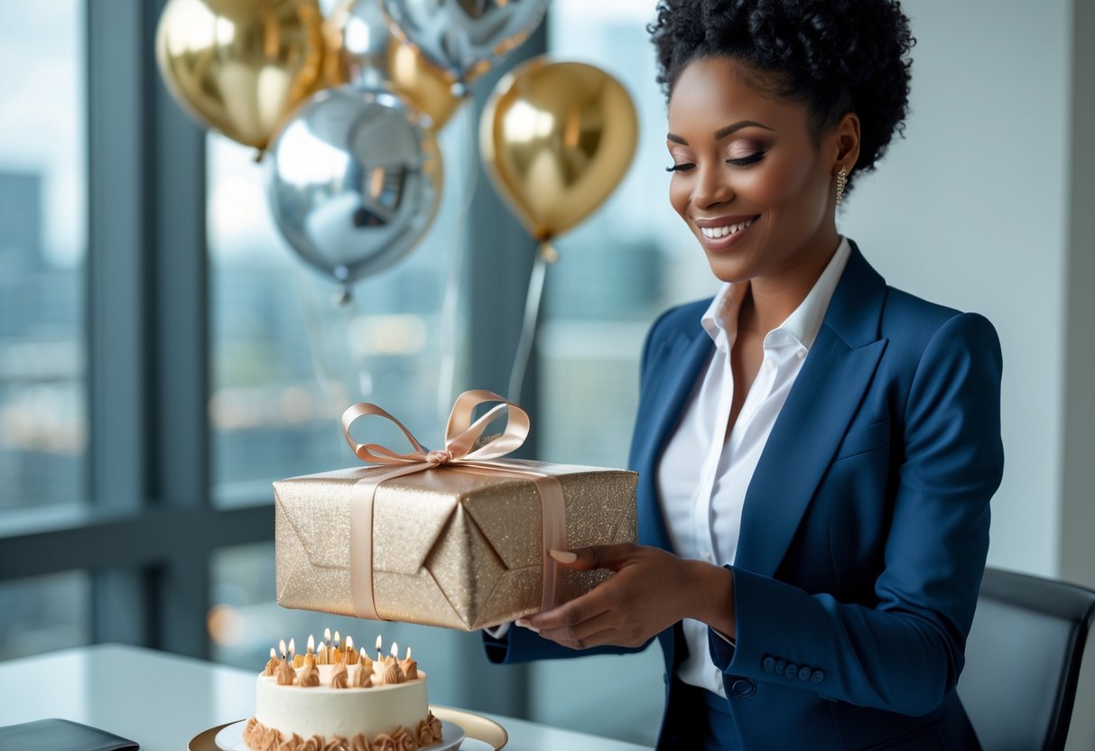 A woman in business attire receiving a wrapped gift from a colleague in an office decorated for a birthday celebration.