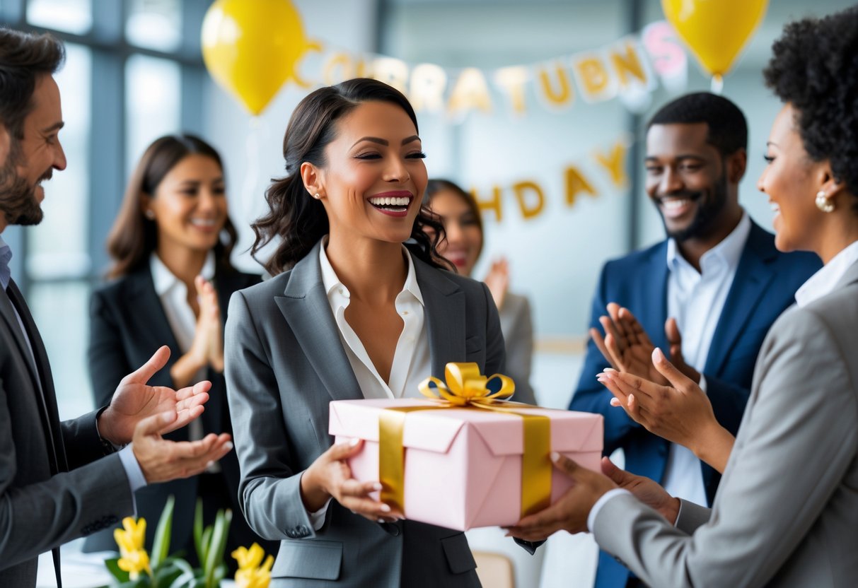 A woman in an office smiling as she receives a wrapped gift from a colleague while others celebrate around her.