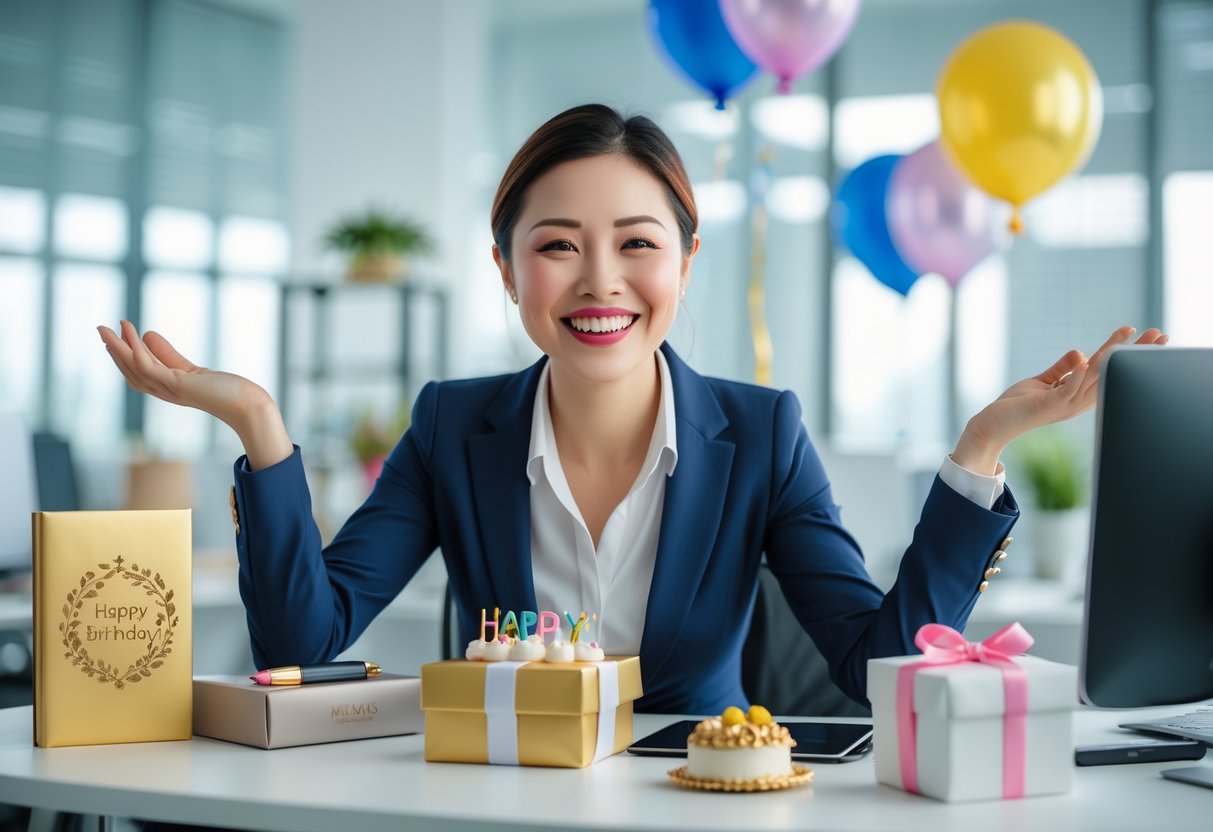A smiling woman in business attire celebrating her birthday at a modern office desk with unique gifts and birthday decorations.